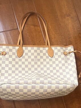 Louis Vuitton Damier Azur Neverfull Tote Beige Leather Authentic